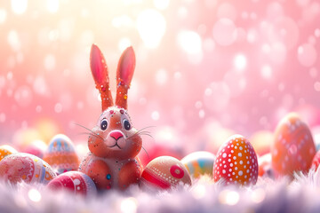 Cute bunny and easter eggs on background.
