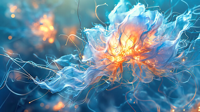 Biological Science and Energy Concept, Abstract Neural Cell Illustration, Brain Synapse and Neural Network, Futuristic and Digital Design, Blue and Glowing Background