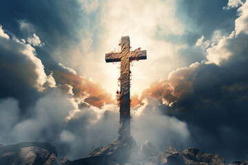 Das Heilige Kreuz, Symbol für den Tod und die Auferstehung Jesu Christi, mit Licht und Wolken im Hintergrund, Ostern - obrazy, fototapety, plakaty
