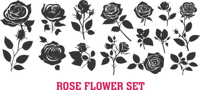 Set of rose flowers vector black silhouettes  isolated on a white background. Roses Coloring Book showcases stunning depictions of three individual roses.
