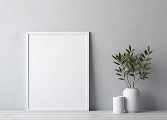 Blank white frame with green plant decoration on the side. Generative AI