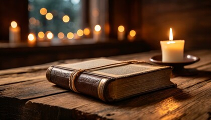 candle and book on wooden table, An antique leather-bound book rests on a weathered wooden table, bathed in the soft glow of candlelight. transports viewers to a bygone era of storytelling, - obrazy, fototapety, plakaty