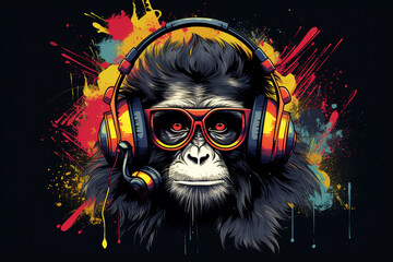 The music-inspired t-shirt design features a cool monkey with headphones, grooving to the music.