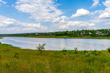 Lake or pond. Background with selective focus and copy space