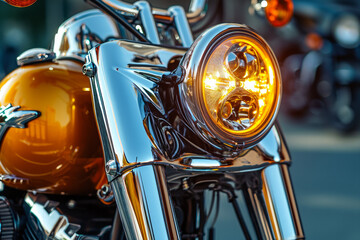 Motorcycle headlight chrome and orange - obrazy, fototapety, plakaty