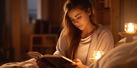 Cozy Night Reading: Beautiful Woman Holding Book in Bedroom, Enjoying Attractive Relaxation in Chic Home