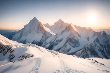 A mountain range covered in a blanket of fresh snow, sparkling in the soft light of the morning sun - obrazy, fototapety, plakaty