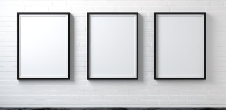 a row of empty white photo frames in the photo in front of a gray wall. generative AI