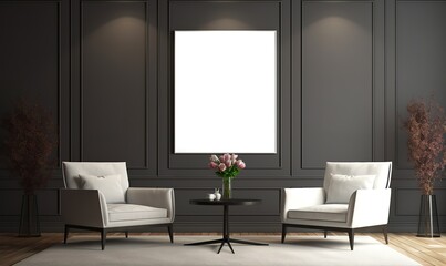 A white board in the photo in front of a black wall. generative AI