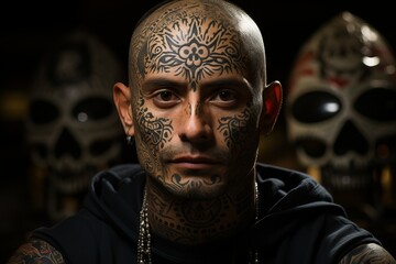 A man with a realistic appearance, depicted with tattoos covering his entire face, giving him an intriguing, brutal and expressive image.