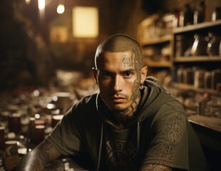 A man with a realistic appearance, depicted with tattoos covering his entire face, giving him an intriguing, brutal and expressive image.