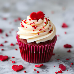 Red velvet romantic cupcake with red heart on the top isolated