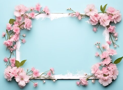 A frame decorated with white and pink flowers in the photo on a blue background. generative AI