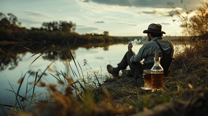 you are sitting by the lake in the spring with a cigarette in your mouth next to whiskey and enjoying nature - obrazy, fototapety, plakaty