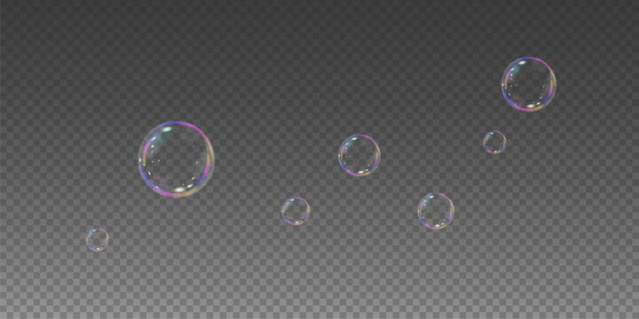 Realistic soap vector bubbles png isolated on transparent background. The effect of falling and flying bubbles. Glass bubble effect.