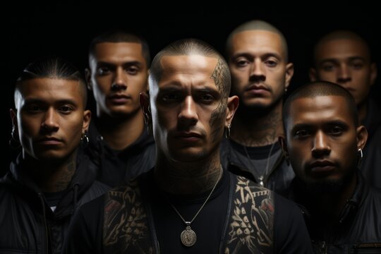 a man from a Latin gang and with tattoos on his face, against the backdrop of a group of similar bandits, creating the impression of concentration and intensity in his gaze.