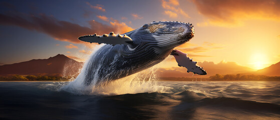 Blue whale jumps on the sea with sunrise