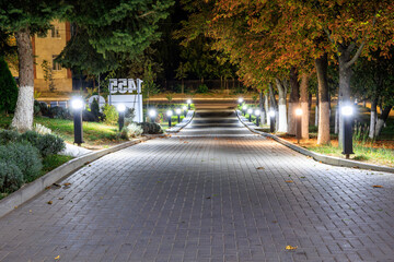 Night illumination of the city sidewalk. Background with selective focus and copy space