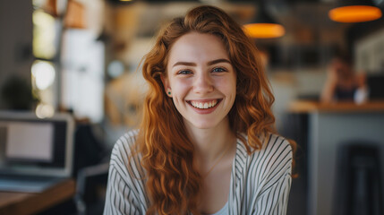 a red-haired modern pretty young woman smiles friendly in a coffee shop - obrazy, fototapety, plakaty