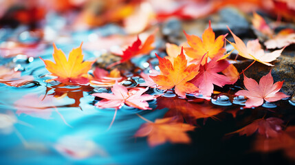 Naklejka na ściany i meble Colorful maple leaves with floating in lake