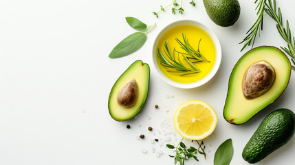 Top view of textured white surface featuring ripe avocados cut in half, a slice of lemon and a bowl of olive oil infused with rosemary sprigs. Scattered black peppercorns and salt crystals. - obrazy, fototapety, plakaty