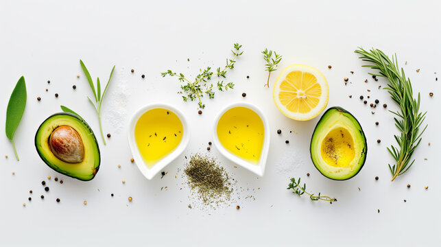 Fresh avocado halves and a lemon slice on a white background. Two heart-shaped bowls filled with olive oil are present, surrounded by herbs and spices. The image is perfect for healthy cooking concept
