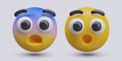 Emoticons with astonishment reaction. Collection with round yellow emojis with shock emotion. Vector illustration in 3d style with shadow and gray background