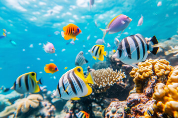 Naklejka na ściany i meble Colorful tropical fish swimming over coral reef with blue sea background