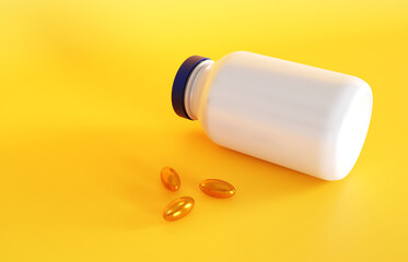 Yellow pills with plastic medical bottle on a yellow background. Medical treatment, pharmaceutical or medication concept. 3d-rendering