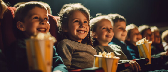 Children smile and happy watching movies in the movie theater - obrazy, fototapety, plakaty