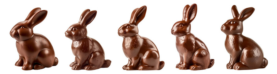 Collection set of chocolate Easter bunnies isolated on transparent or white background, png - obrazy, fototapety, plakaty