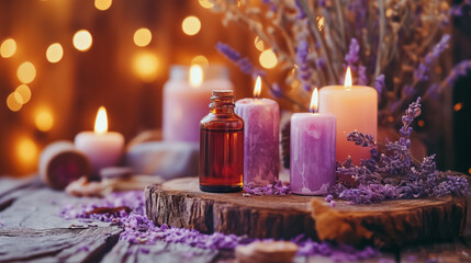Aromatherapy essentials with lavender flowers, illuminated candles, and a bottle of essential oil...