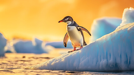 Fototapeta premium Penguin standing on iceberg with sunrise light