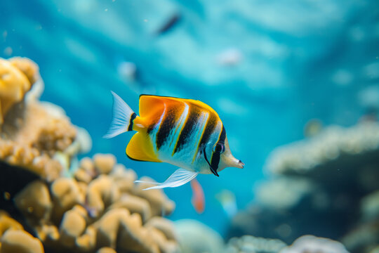 Colorful tropical fish swimming over coral reef with blue sea background