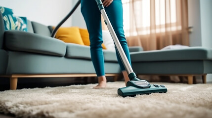 Housekeeper is using a vacuum cleaner to clean the living room - obrazy, fototapety, plakaty