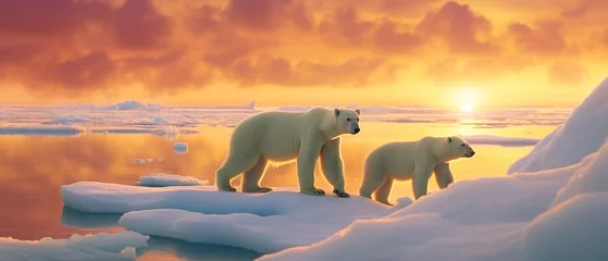 Fototapete Polar bear in the iceberg with sunset © Inlovehem