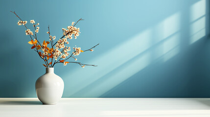 Obraz na płótnie Canvas Beautiful flower in ceramic vase with blue empty background