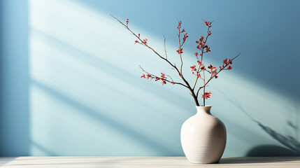 Beautiful flower in ceramic vase with blue empty background