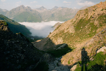 Fototapeta na wymiar path to Pombie refuge under the Midi d'Ossau. Pyrenees National Park