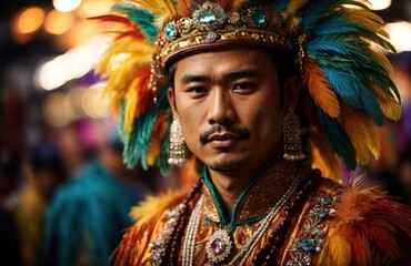 Fototapeta premium Man in carnival costume with feathers and jewelry