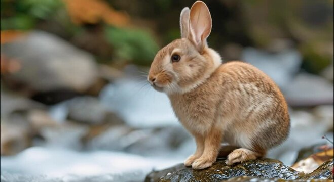 a rabbit on a rock in the river footage