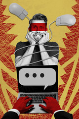 Vertical creative collage illustration black white filter scarred frightened young man bound write...
