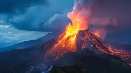 Captivating image of a volcanic eruption with molten lava flowing, showcasing the raw power and beauty of nature's fiery spectacle