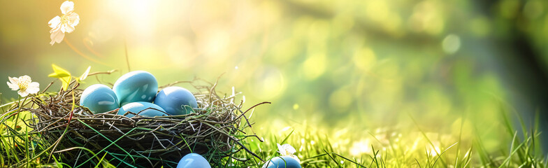 Buntes Osternest mit Eiern im Gras an einem sonnigen Frühlingstag - Osterdekoration, Banner, Panorama, Hintergrund - obrazy, fototapety, plakaty