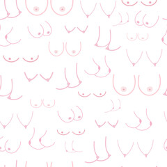 Breast boobs simple seamless pattern, isolated on white. Background doodle style with women bust.