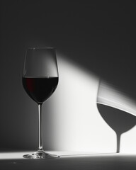 Einzelnes Rotweinglas im Spiel mit Licht und Schatten