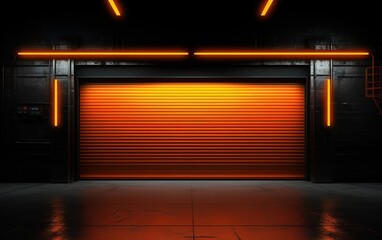 A garage room with black walls and orange lamp decoration on the side. generative AI