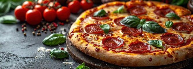 Delicious pepperoni pizza on a dark background, sausage pizza, italian pepperoni pizza in pizzeria - obrazy, fototapety, plakaty
