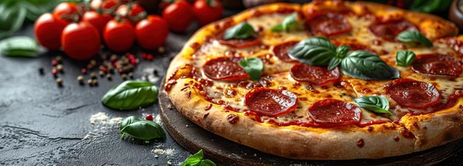  Delicious pepperoni pizza on a dark background, sausage pizza, italian pepperoni pizza in pizzeria © Vasiliy