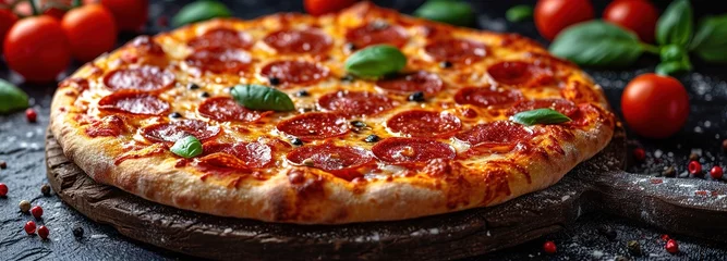 Zelfklevend Fotobehang Delicious pepperoni pizza on a dark background, sausage pizza, italian pepperoni pizza in pizzeria © Vasiliy